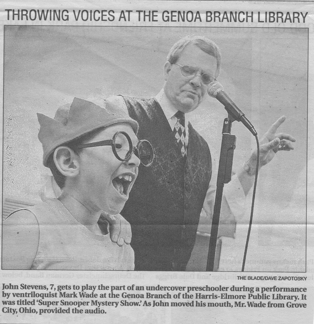 Newspaper clipping headed Throwing Voices at the Genoa Branch Library